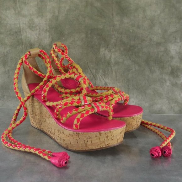 NWD Tory Burch Tie Up Pink/Tan Rope & Cork Petra Mid Wedge Wom 8.5 M $375    ANB - Picture 6 of 12